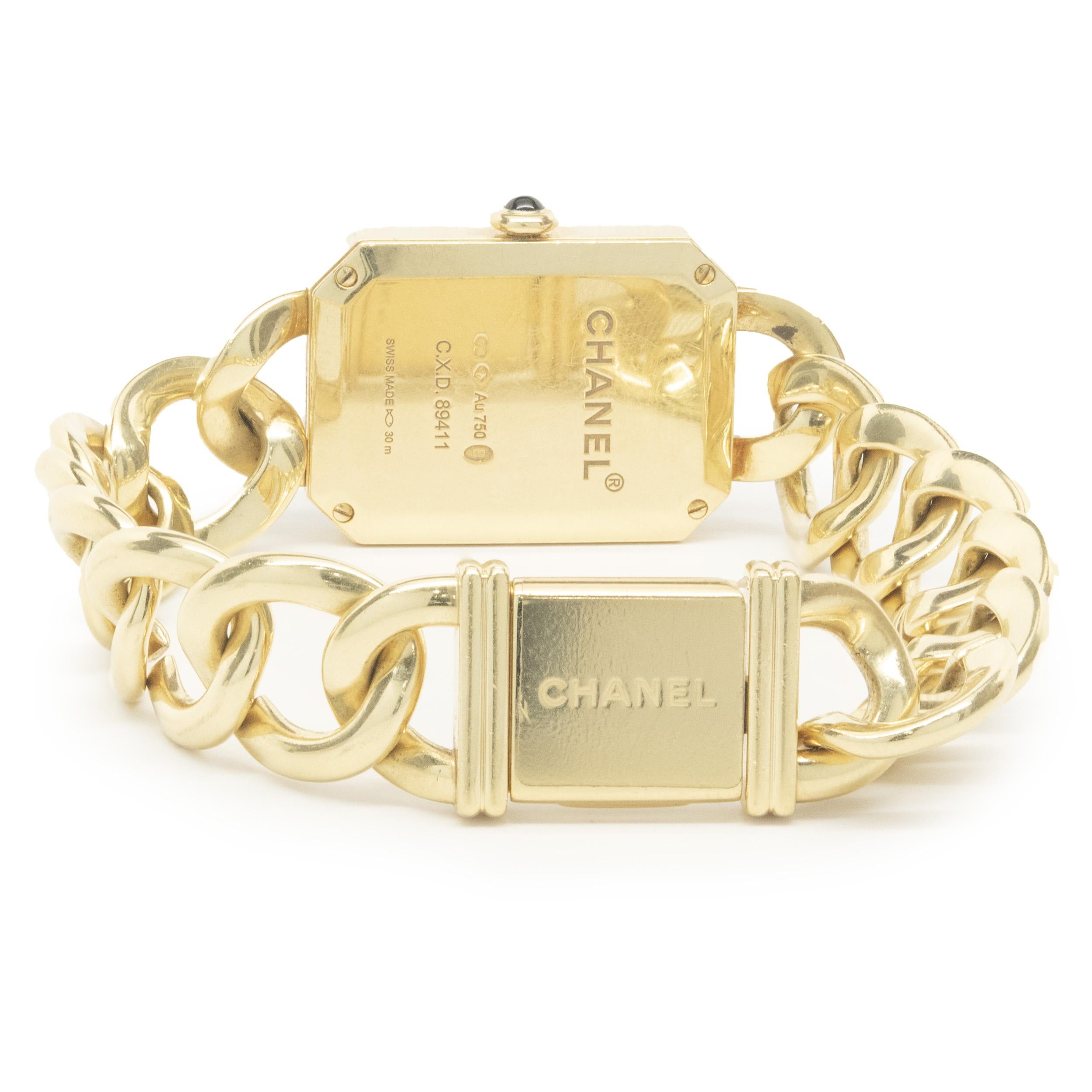 Movement: quartz
Function: hours, minutes 
Case: 28 x 20mm 18K yellow gold case, diamond bezel, sapphire crystal, push-pull crown
Band: 18K yellow gold chain bracelet, integrated clasp
Dial: black
Reference #: H3260
Serial #: CXD89XXX

No box or