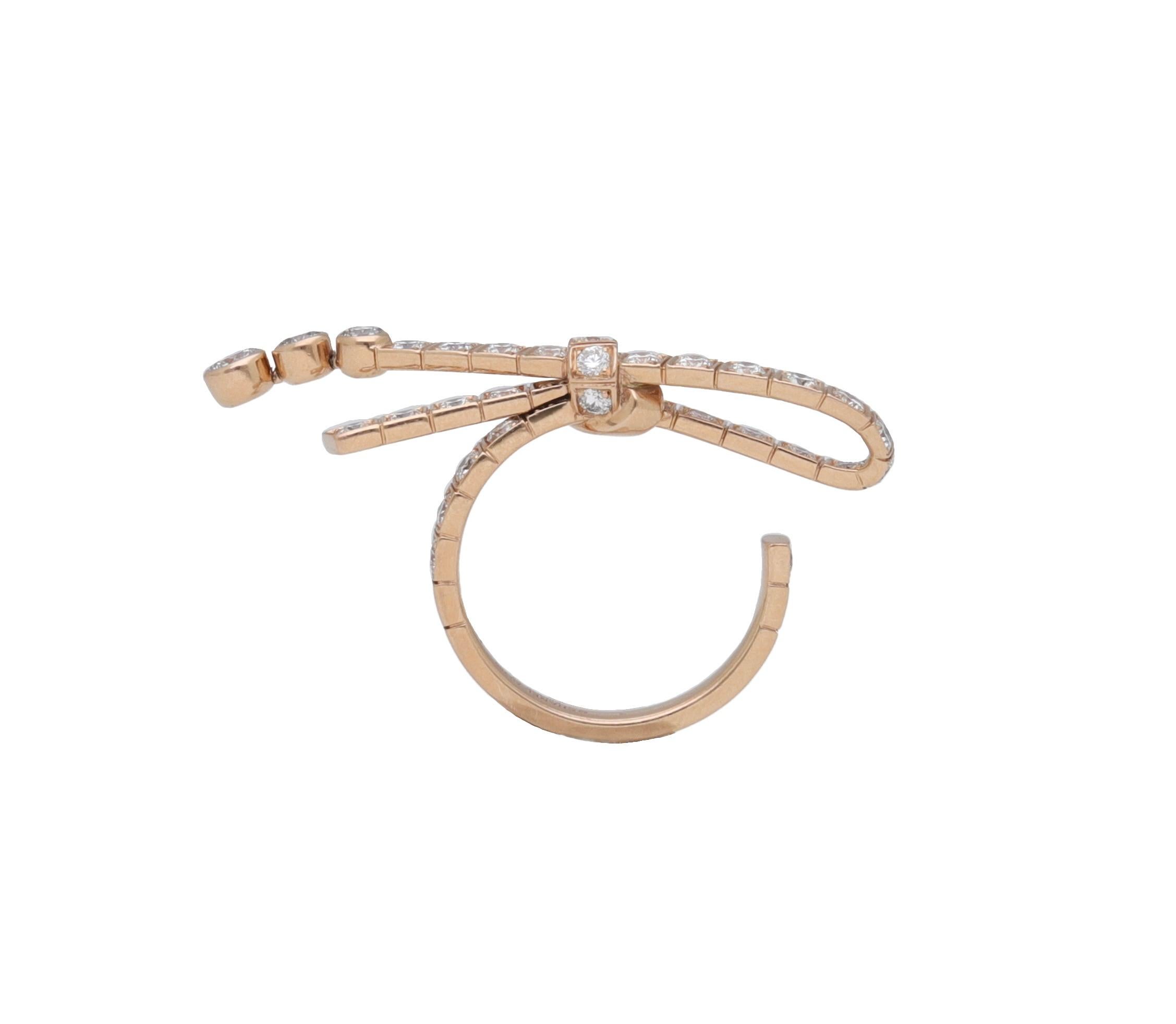 Ring made of 18 kt. beige gold and diamonds signed CHANEL.
This piece belongs to CHANEL's Ruban collection.
The bow-shaped ring is embellished with brilliant-cut diamonds.
Loose, knotted, asymmetrical or in motion, the bow-an iconic element of