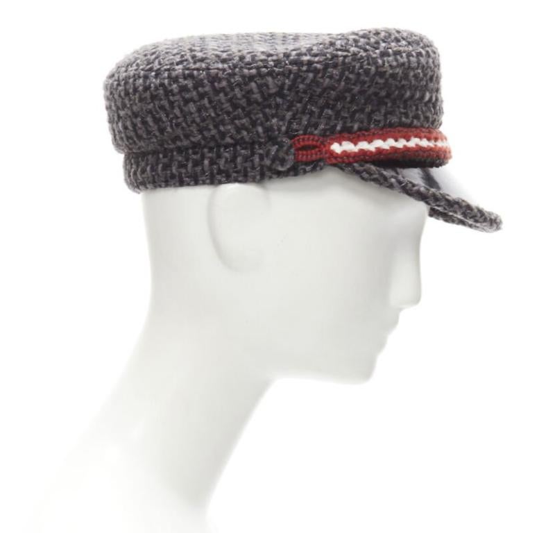 Gray CHANEL 18A Parus Hamburg Runway grey tweed red braid black patent sailor hat S For Sale