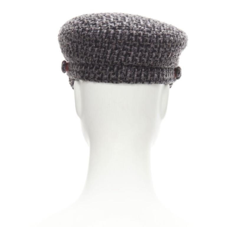 CHANEL 18A Parus Hamburg Runway grey tweed red braid black patent sailor hat S In Excellent Condition For Sale In Hong Kong, NT