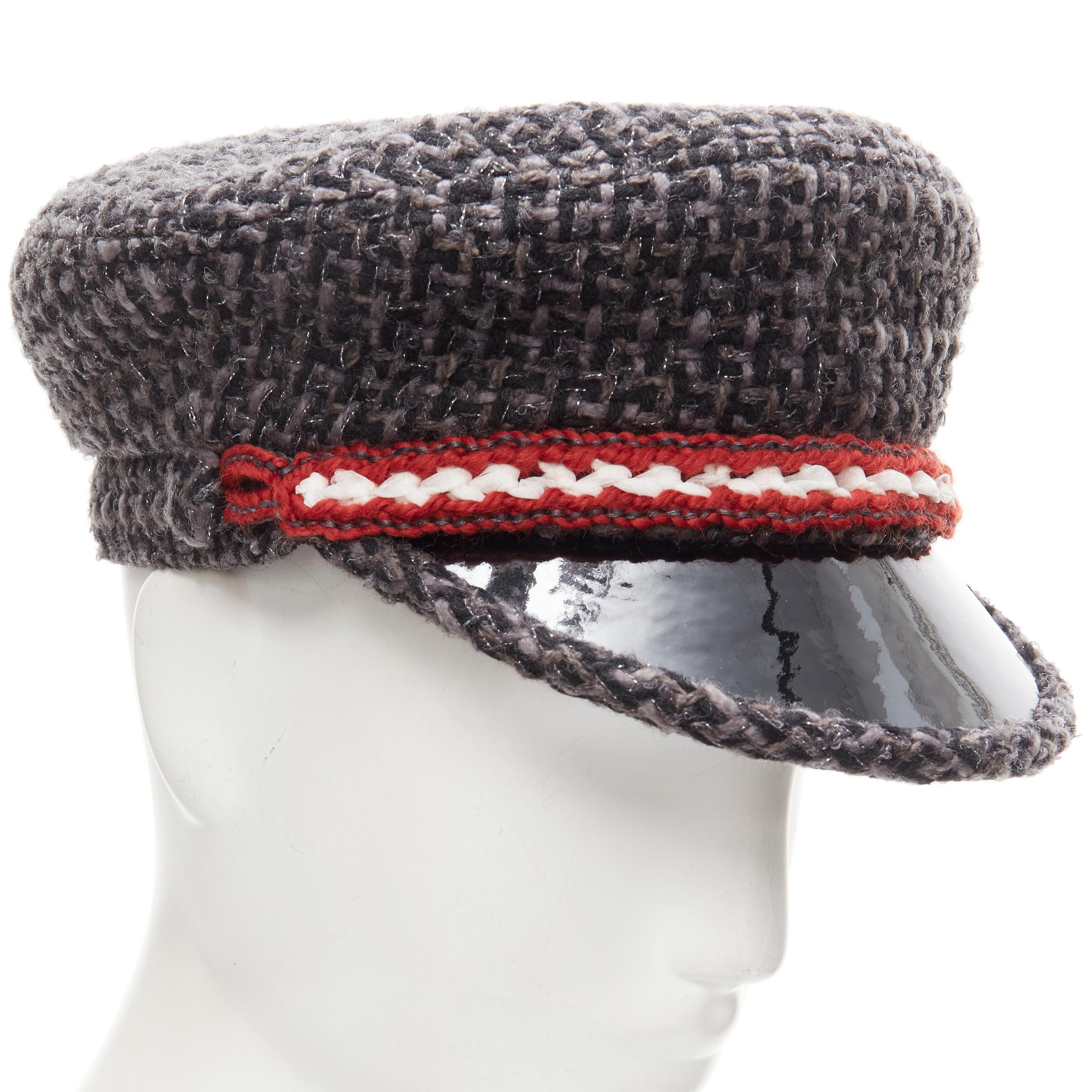 CHANEL 18A Parus Hamburg Runway grey tweed red braid black patent sailor hat S In New Condition For Sale In Hong Kong, NT