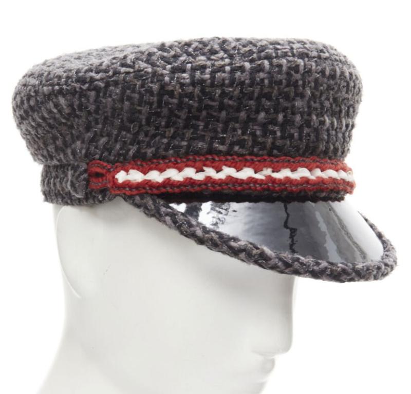CHANEL 18A Parus Hamburg Runway grey tweed red braid black patent sailor hat S For Sale 1