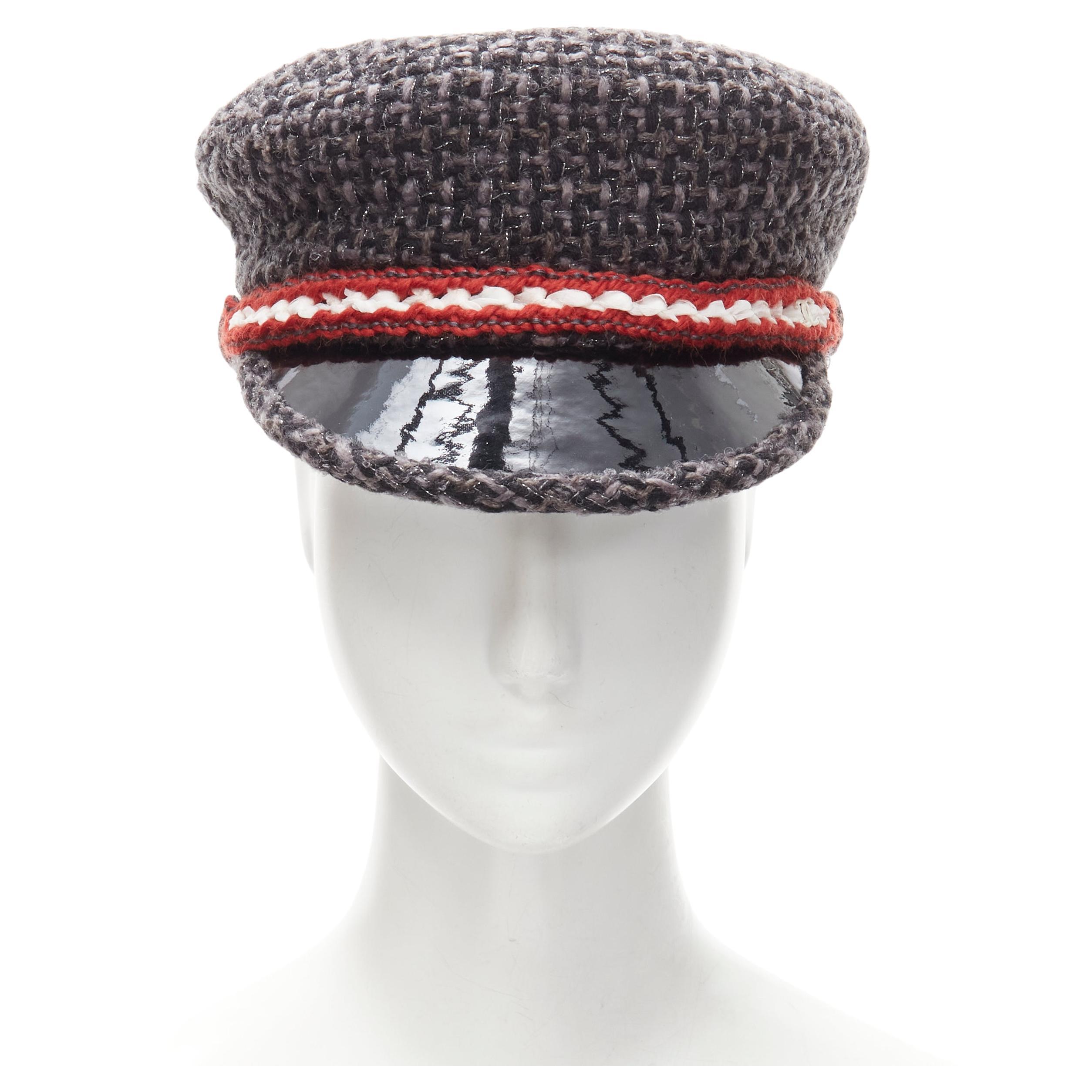 CHANEL 18A Parus Hamburg Runway grey tweed red braid black patent sailor hat S For Sale
