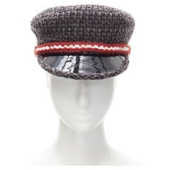 CHANEL 18A Parus Hamburg Runway grey tweed red braid black patent sailor hat S