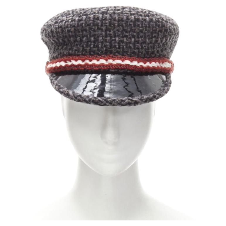 CHANEL 18A Parus Hamburg Runway grey tweed red braid black patent sailor hat S For Sale