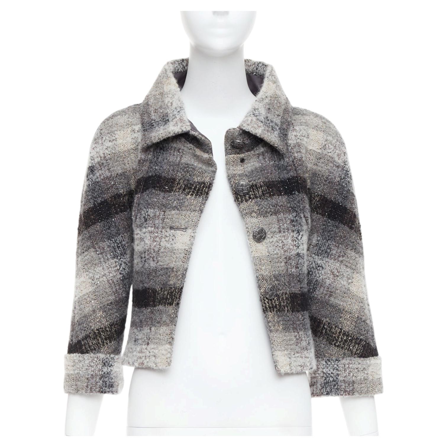 CHANEL 18B Fantasy tweed grey checked sequinned wool crop jacket FR38 M For Sale