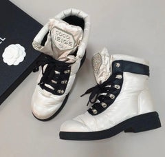 CHANEL 18B Nylon Leather Lace Up Coco Neige Winter Boots
