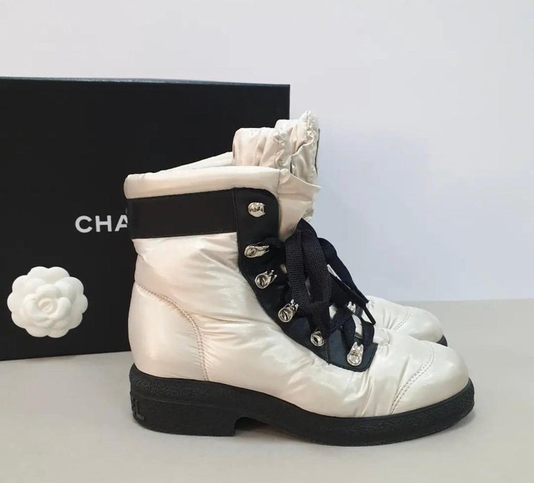 CHANEL 18B Nylon Leather Lace Up Coco Neige Winter Boots For Sale at 1stDibs