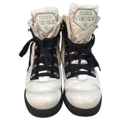 CHANEL 18B Nylon Leather Lace Up Coco Neige Winter Boots