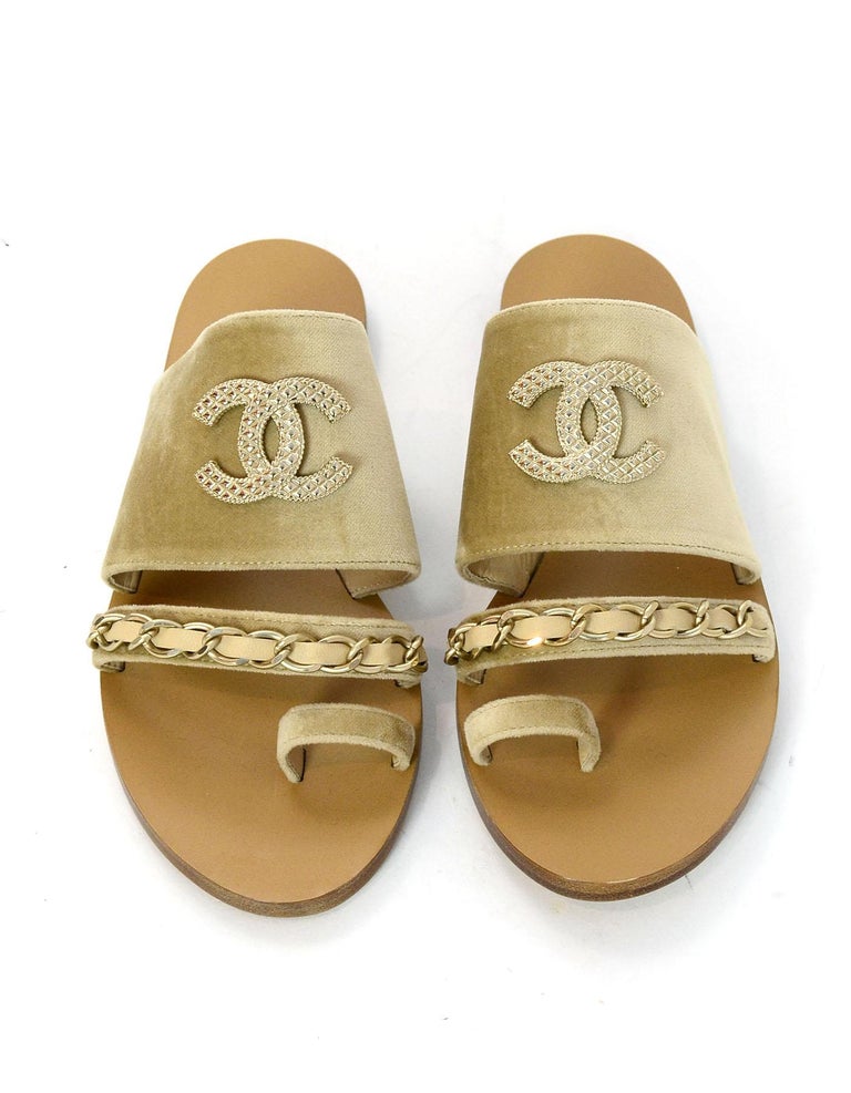 Chanel 18C Beige Tan Velvet CC Chain Goldtone Sandals Sz 38 For Sale at ...