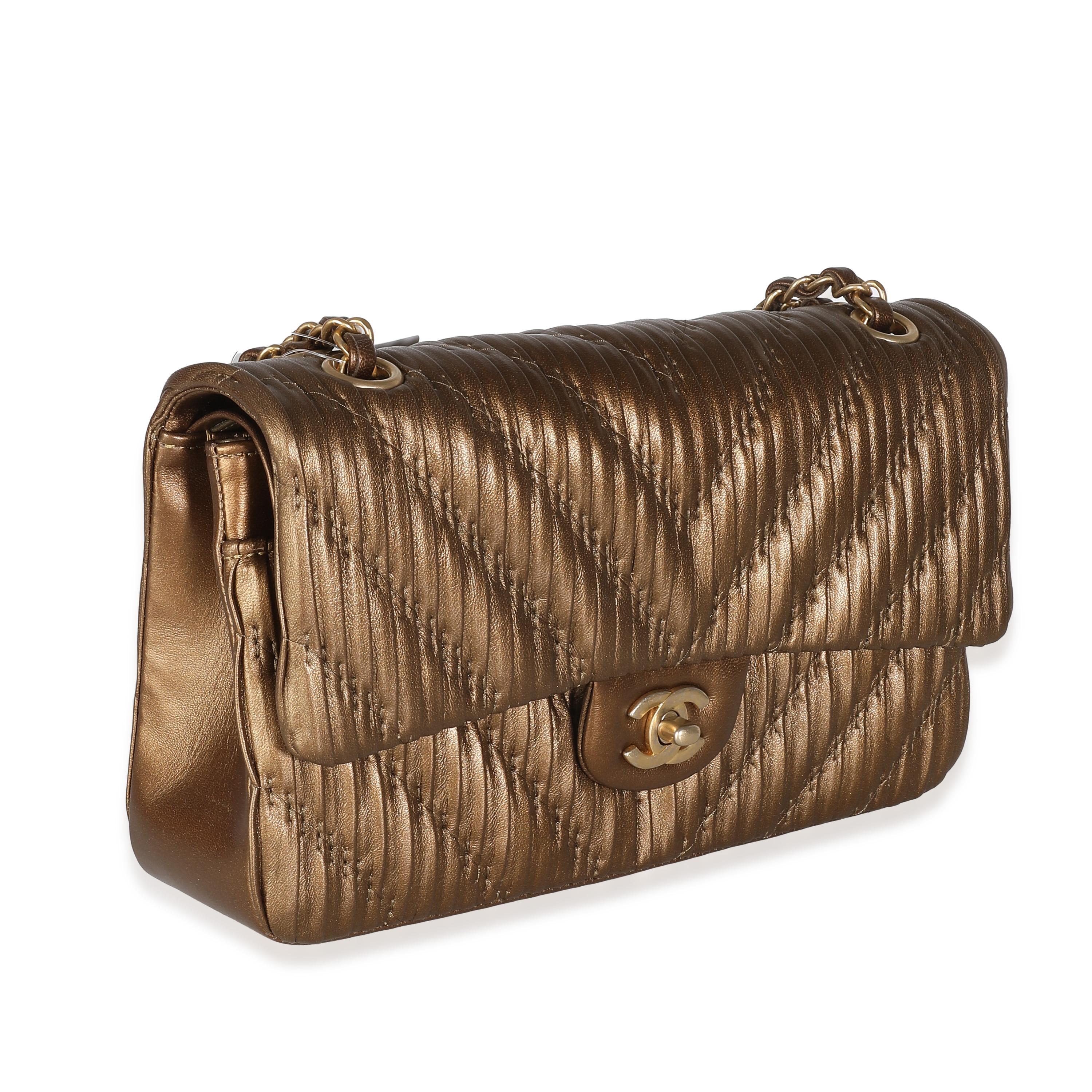 Brown Chanel 18C Bronze Chevron Pleated Calfskin Medium Classic Double Flap Bag For Sale