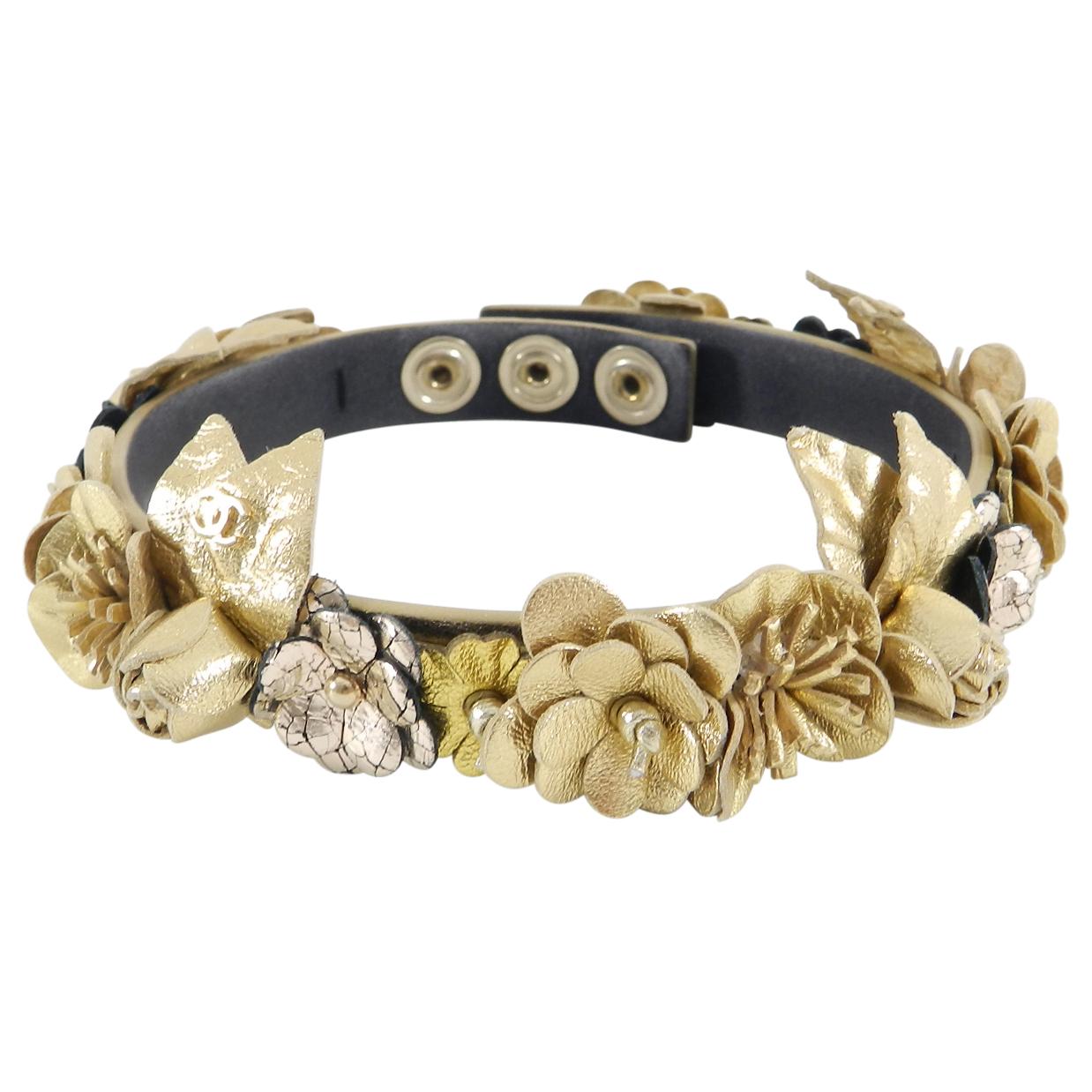 Chanel 18C Gold Leather Floral CC Choker Necklace 