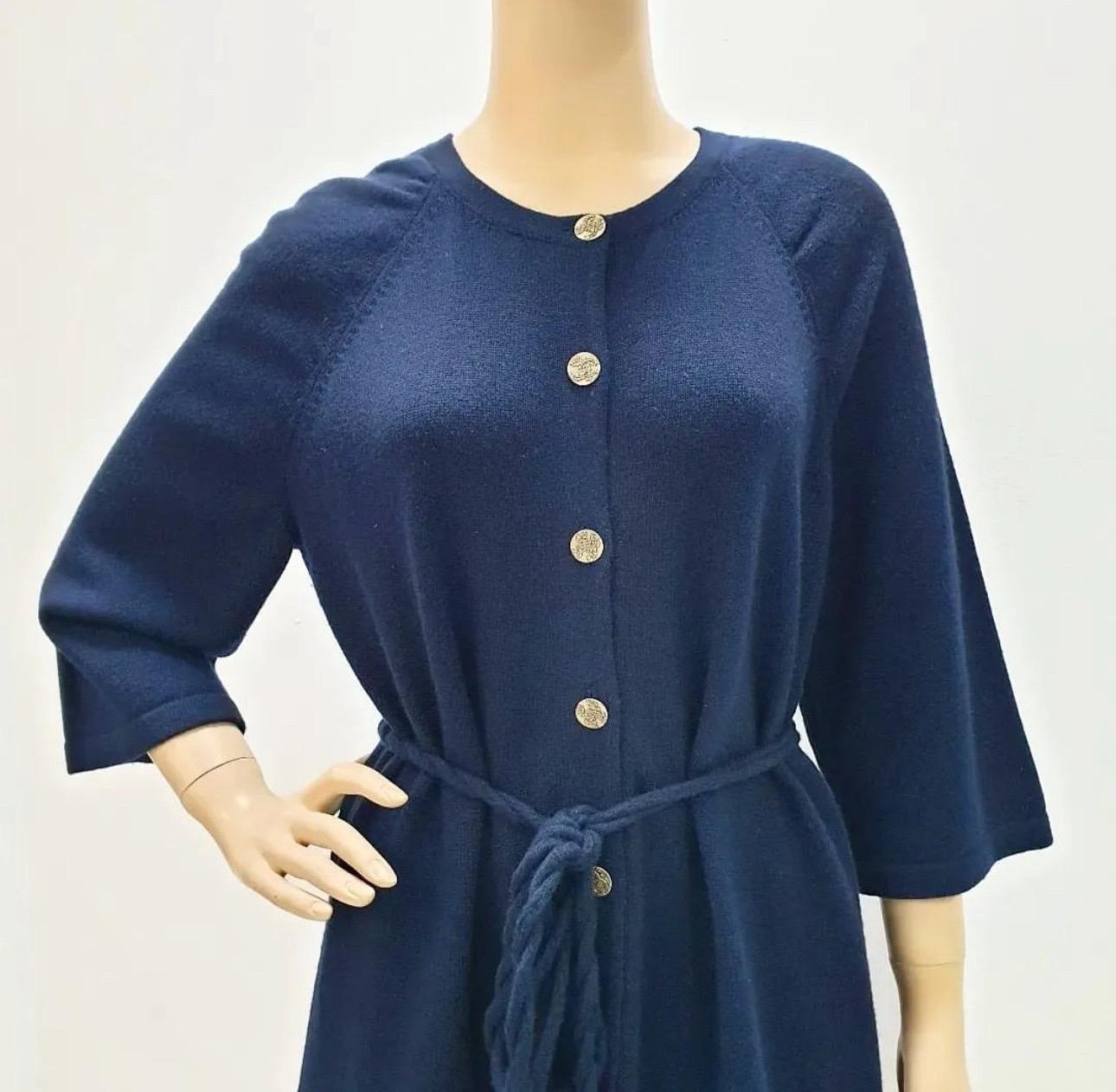 Black CHANEL 18C Navy Blue Belted Cashmere Dress