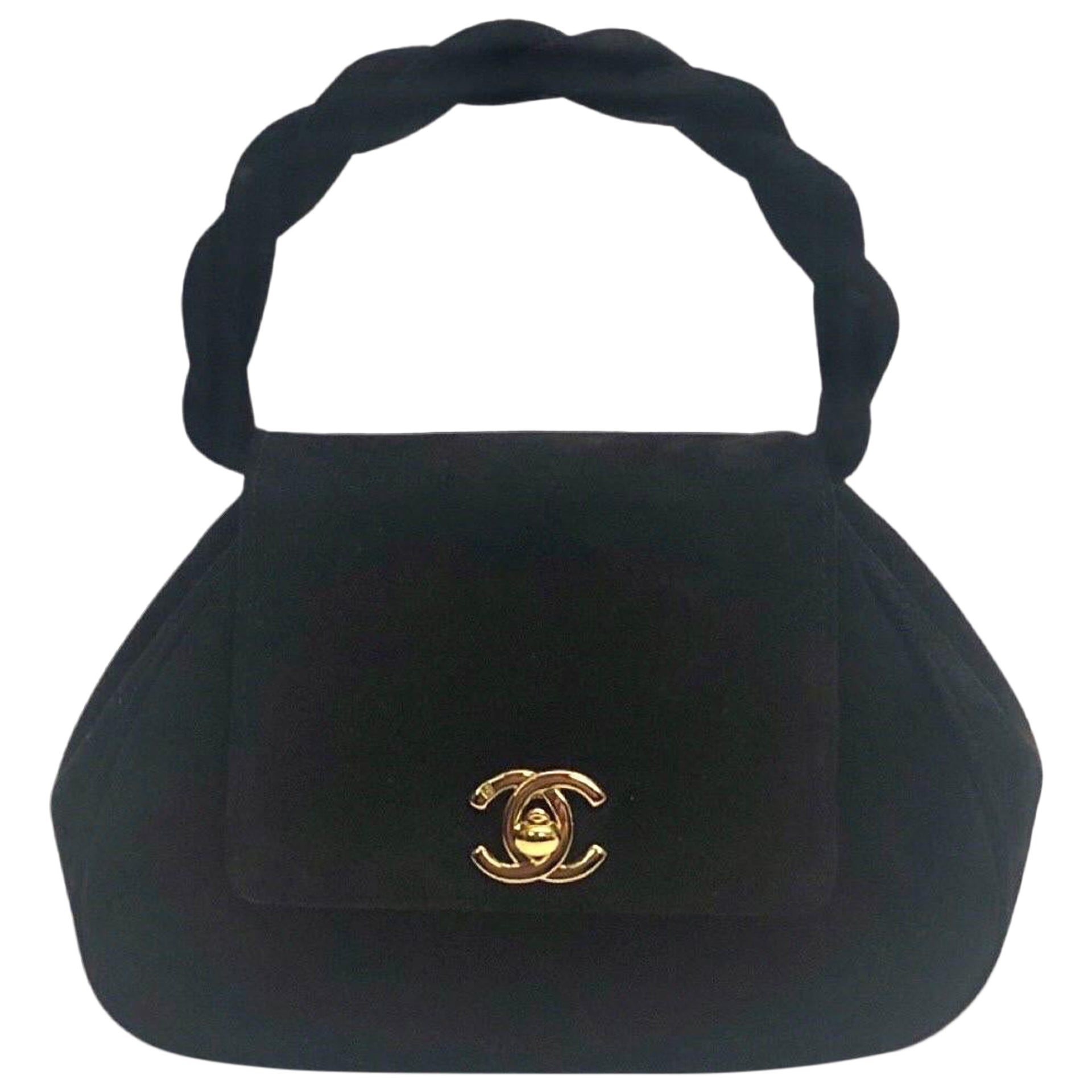 Chanel, sac à main en daim noir "CC" avec anse torsadée et fermeture à tour de rôle, 18 cm en vente