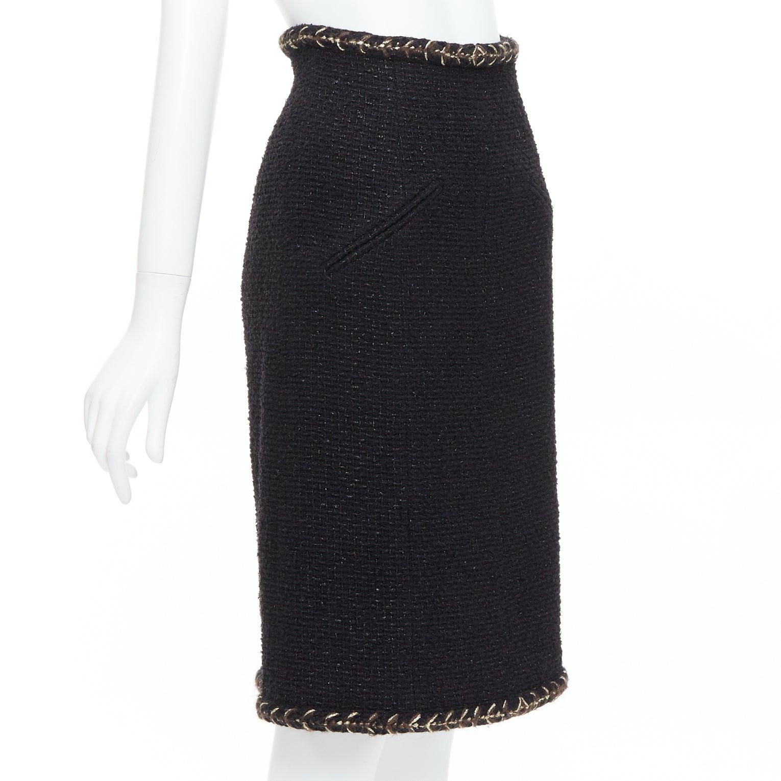Nero Chanel 18K gonna in tweed di cotone nero marrone con finiture a treccia in oro FR34 XS in vendita