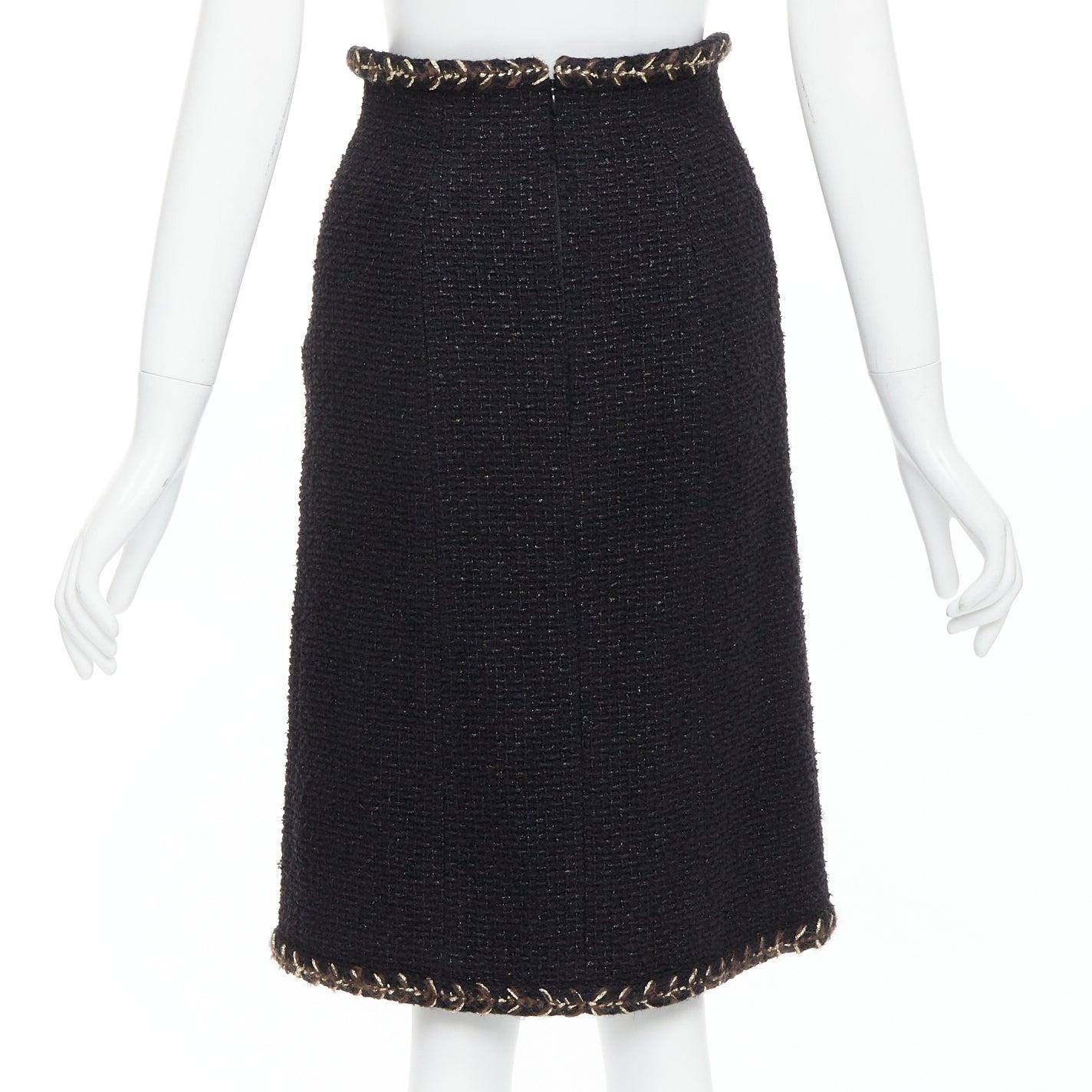 Donna Chanel 18K gonna in tweed di cotone nero marrone con finiture a treccia in oro FR34 XS in vendita