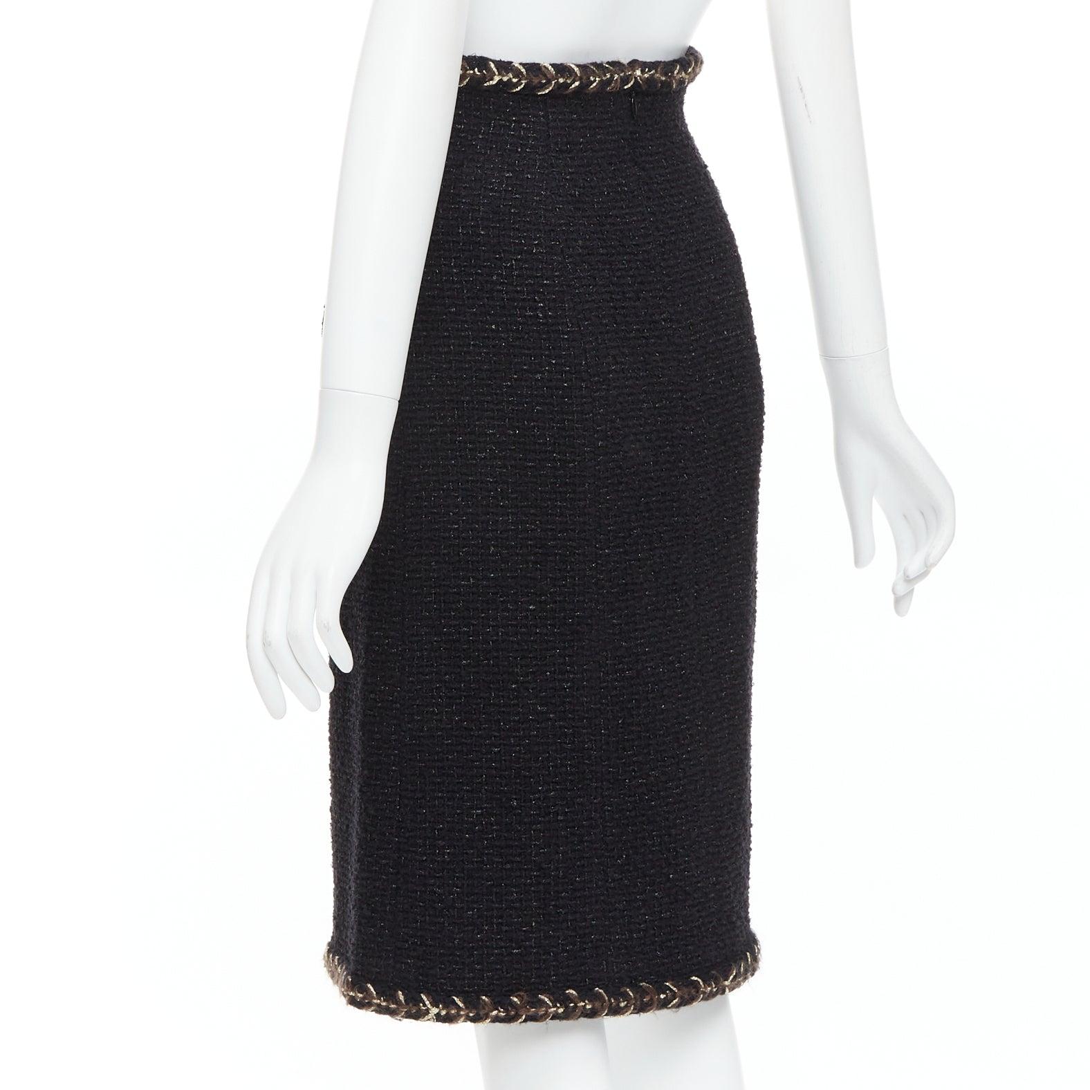 Chanel 18K gonna in tweed di cotone nero marrone con finiture a treccia in oro FR34 XS in vendita 1