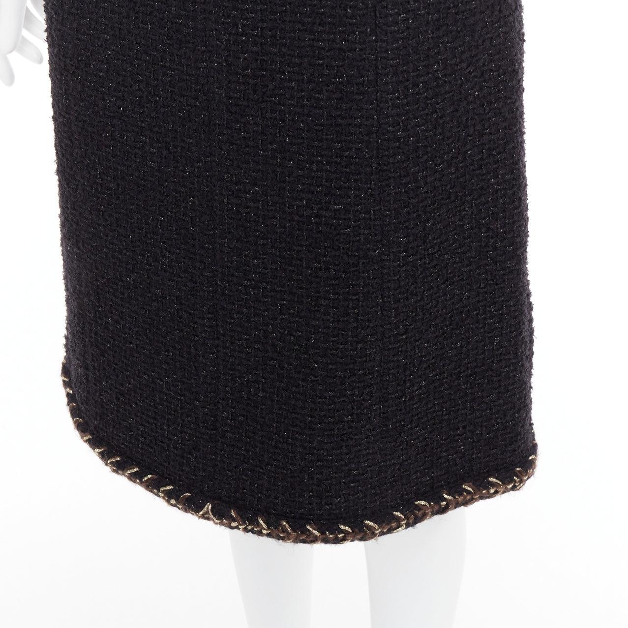 Chanel 18K gonna in tweed di cotone nero marrone con finiture a treccia in oro FR34 XS in vendita 2
