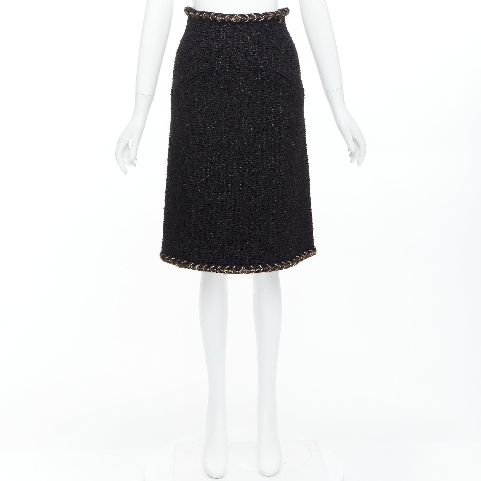 Chanel 18K gonna in tweed di cotone nero marrone con finiture a treccia in oro FR34 XS in vendita 4