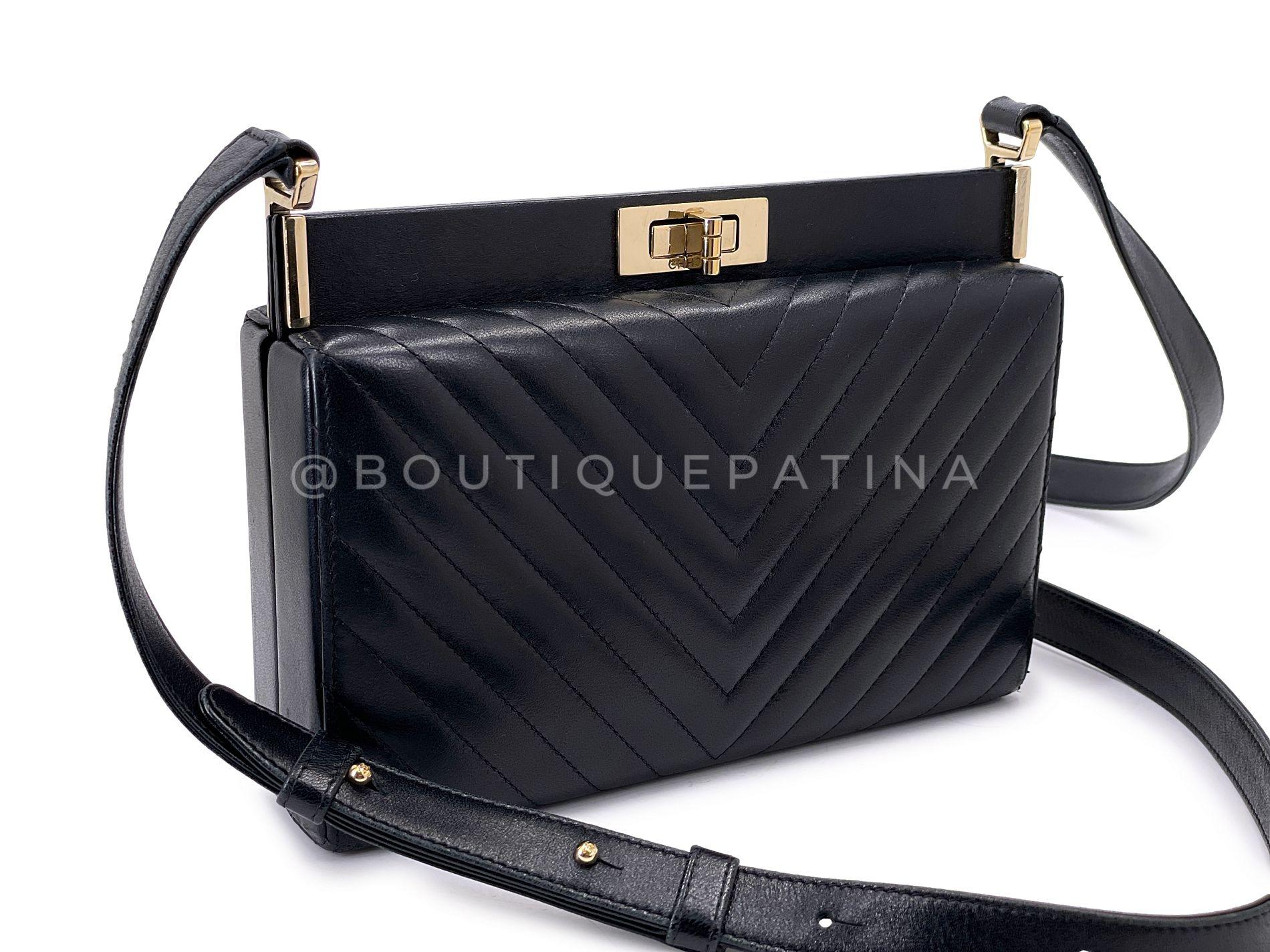 Store item: 68621
We just can't pass on a unique bag like Chanel 18K Black Lambskin Chevron Crossbody Hard Clutch Bag GHW - chic yet very Chanel and classic with its hard case covered by soft quilted herringbone chevron lambskin and the subtle yet