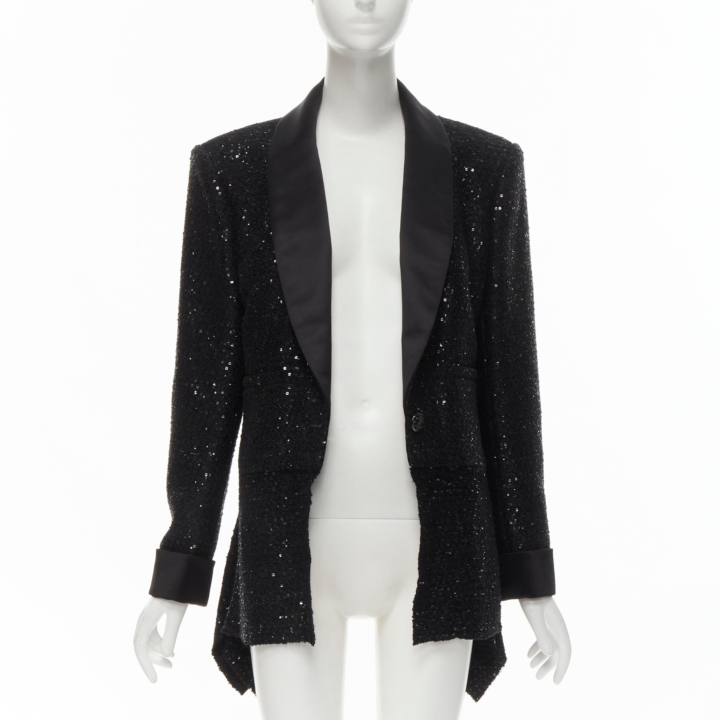 CHANEL 18K black sequins tweed shawl collar draped hem blazer jacket FR44 XL In Excellent Condition In Hong Kong, NT
