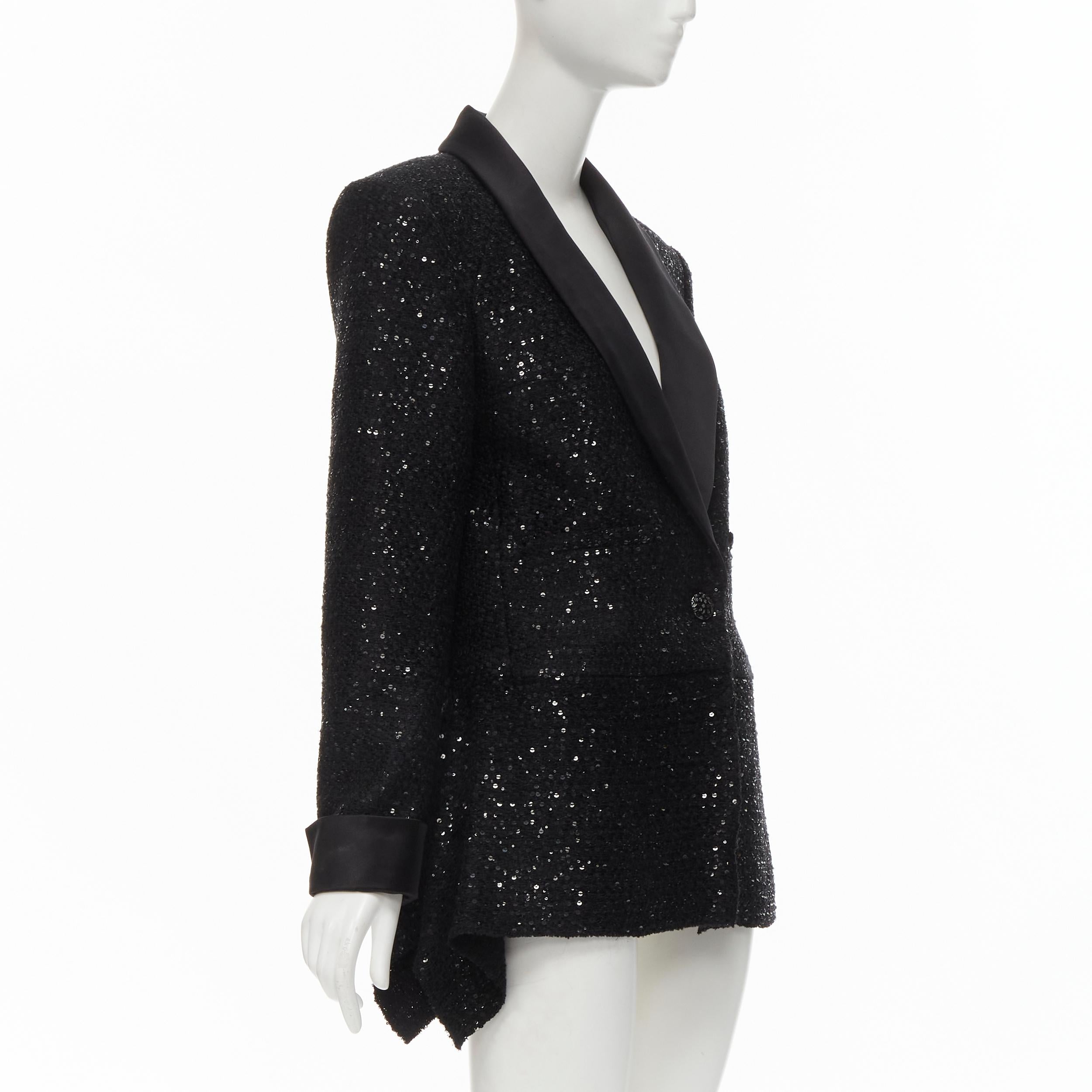 Women's CHANEL 18K black sequins tweed shawl collar draped hem blazer jacket FR44 XL