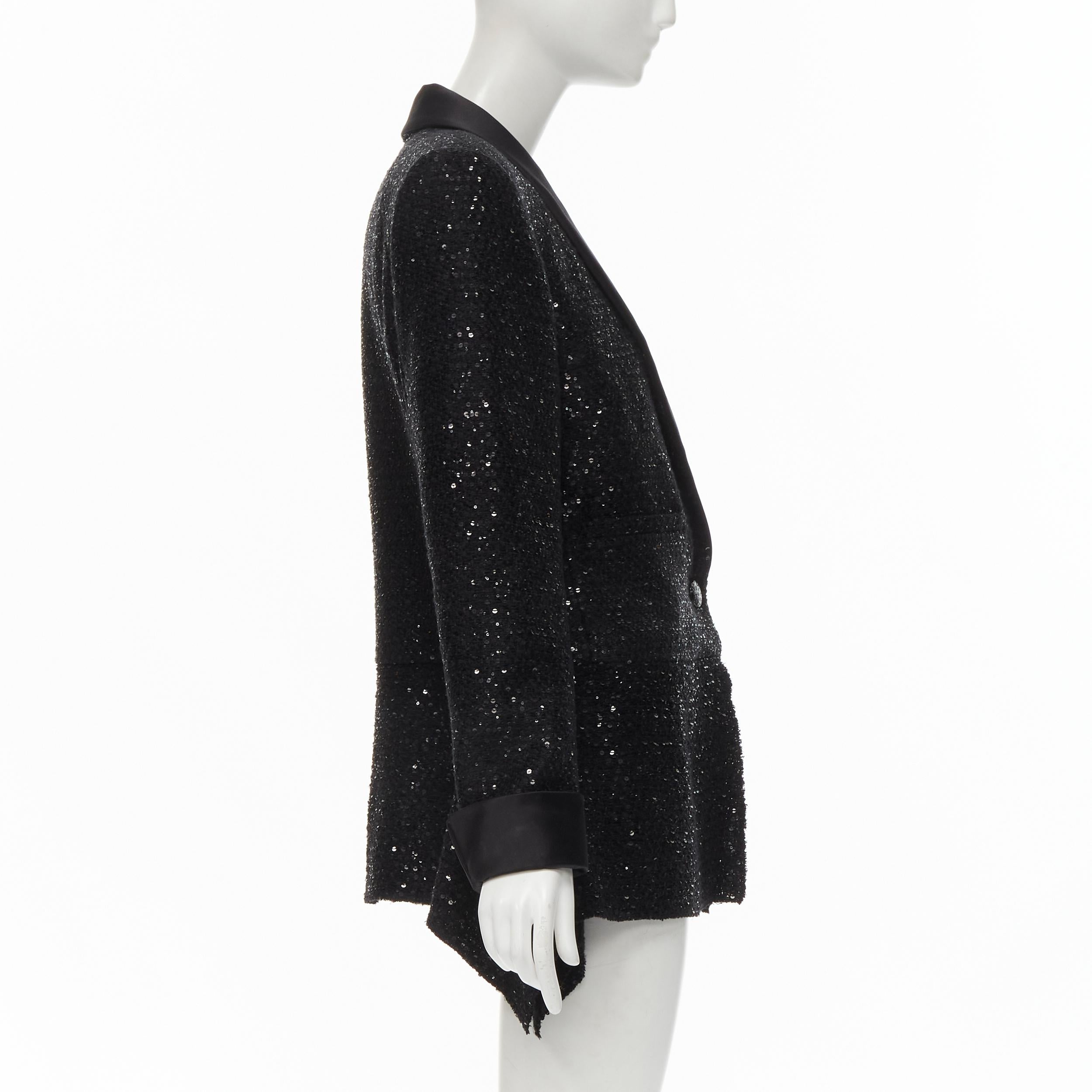 CHANEL 18K black sequins tweed shawl collar draped hem blazer jacket FR44 XL 1