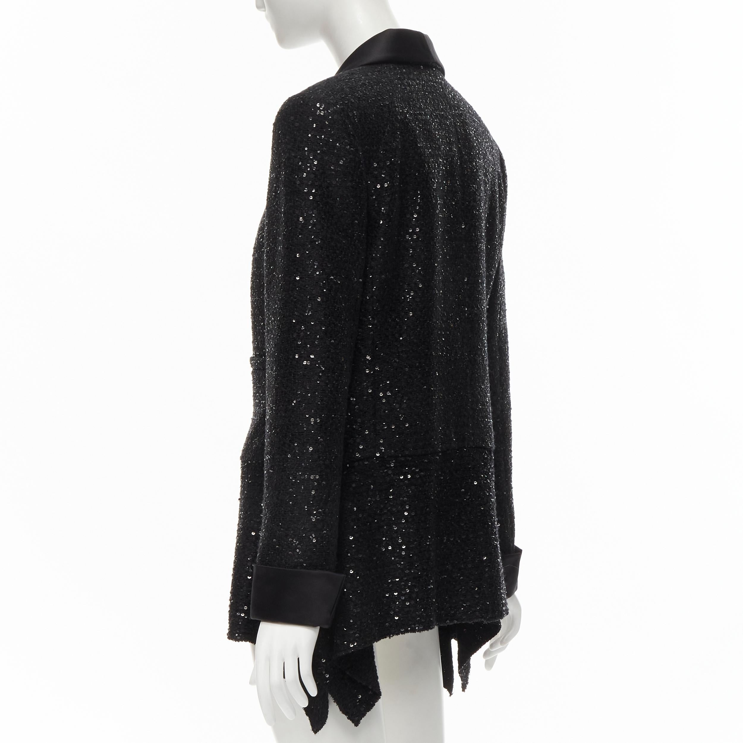 CHANEL 18K black sequins tweed shawl collar draped hem blazer jacket FR44 XL 3