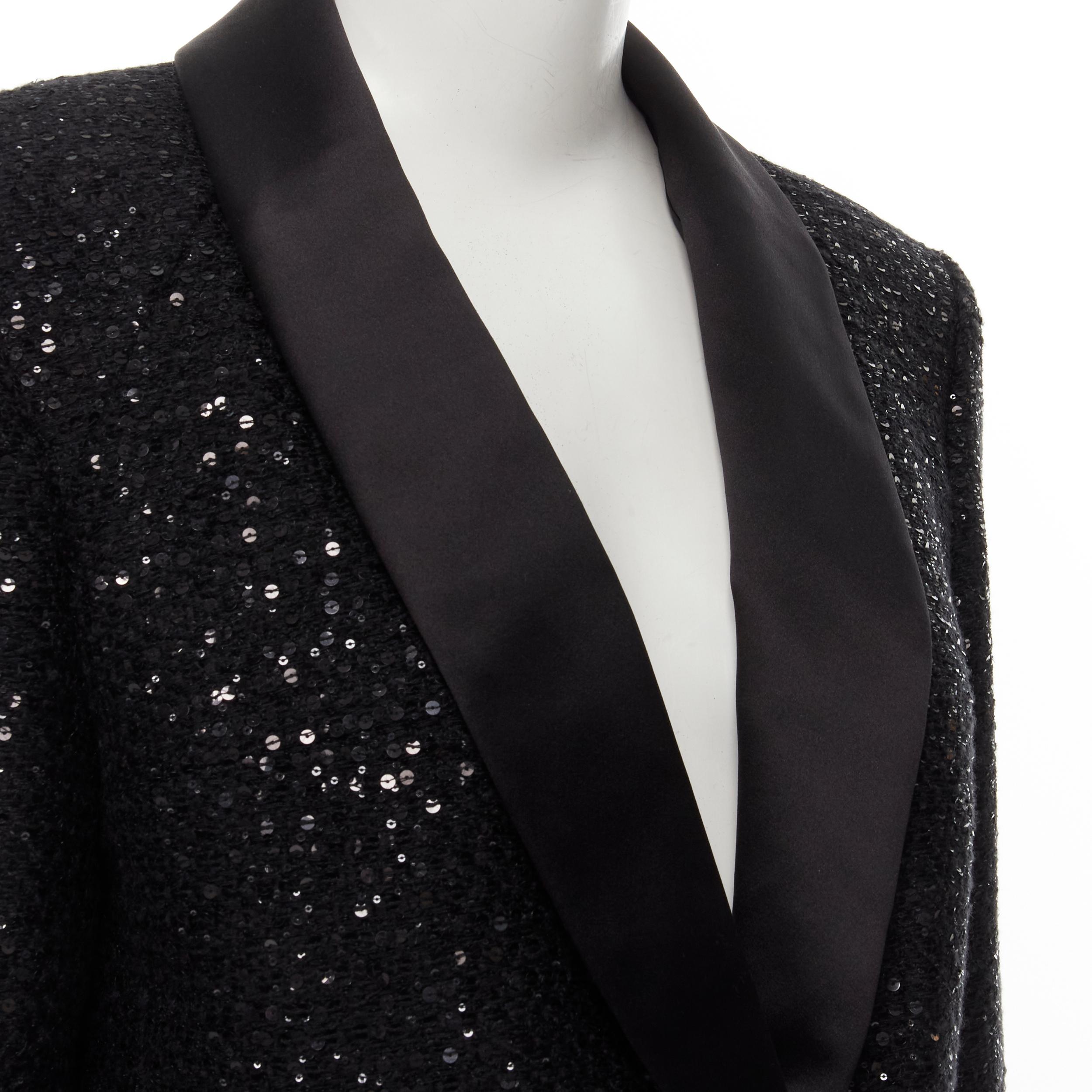 CHANEL 18K black sequins tweed shawl collar draped hem blazer jacket FR44 XL 4