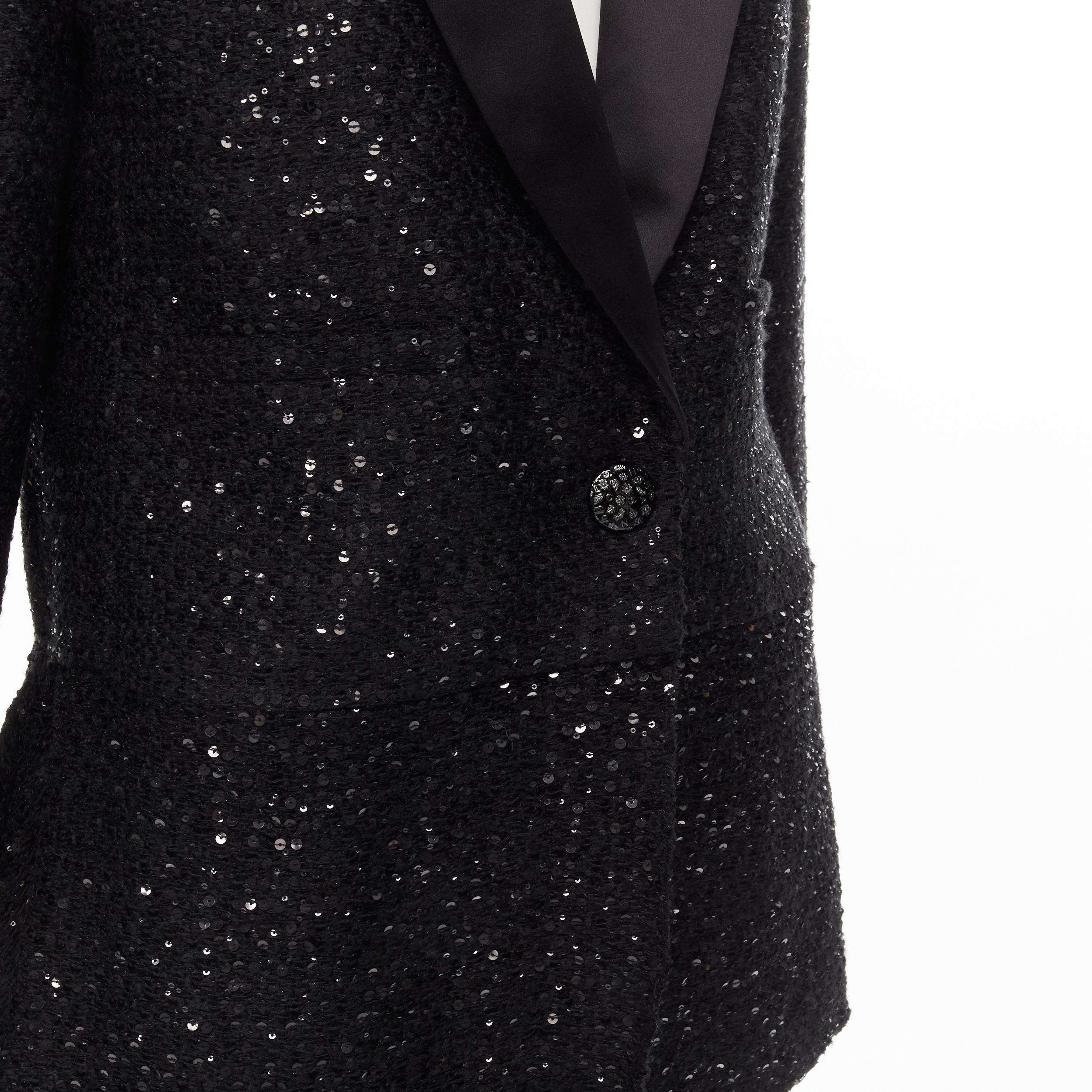 CHANEL 18K black sequins tweed shawl collar draped hem blazer jacket FR44 XL 5