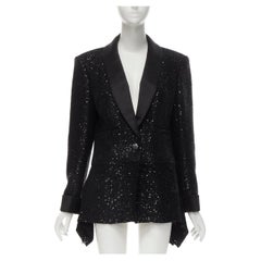 CHANEL 18K black sequins tweed shawl collar draped hem blazer jacket FR44 XL