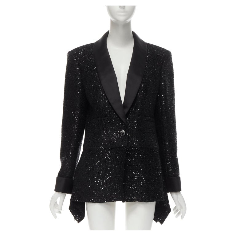 CHANEL 18K black sequins tweed shawl collar draped hem blazer jacket