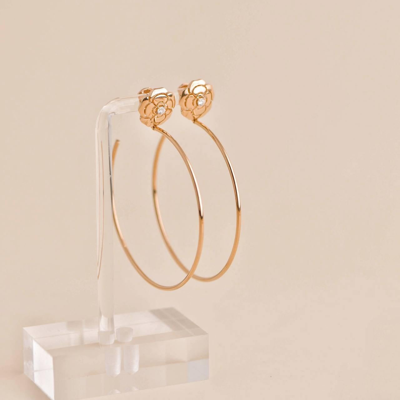 Women's CHANEL 18K Diamond Extrait de Camélia Hoop Earrings For Sale