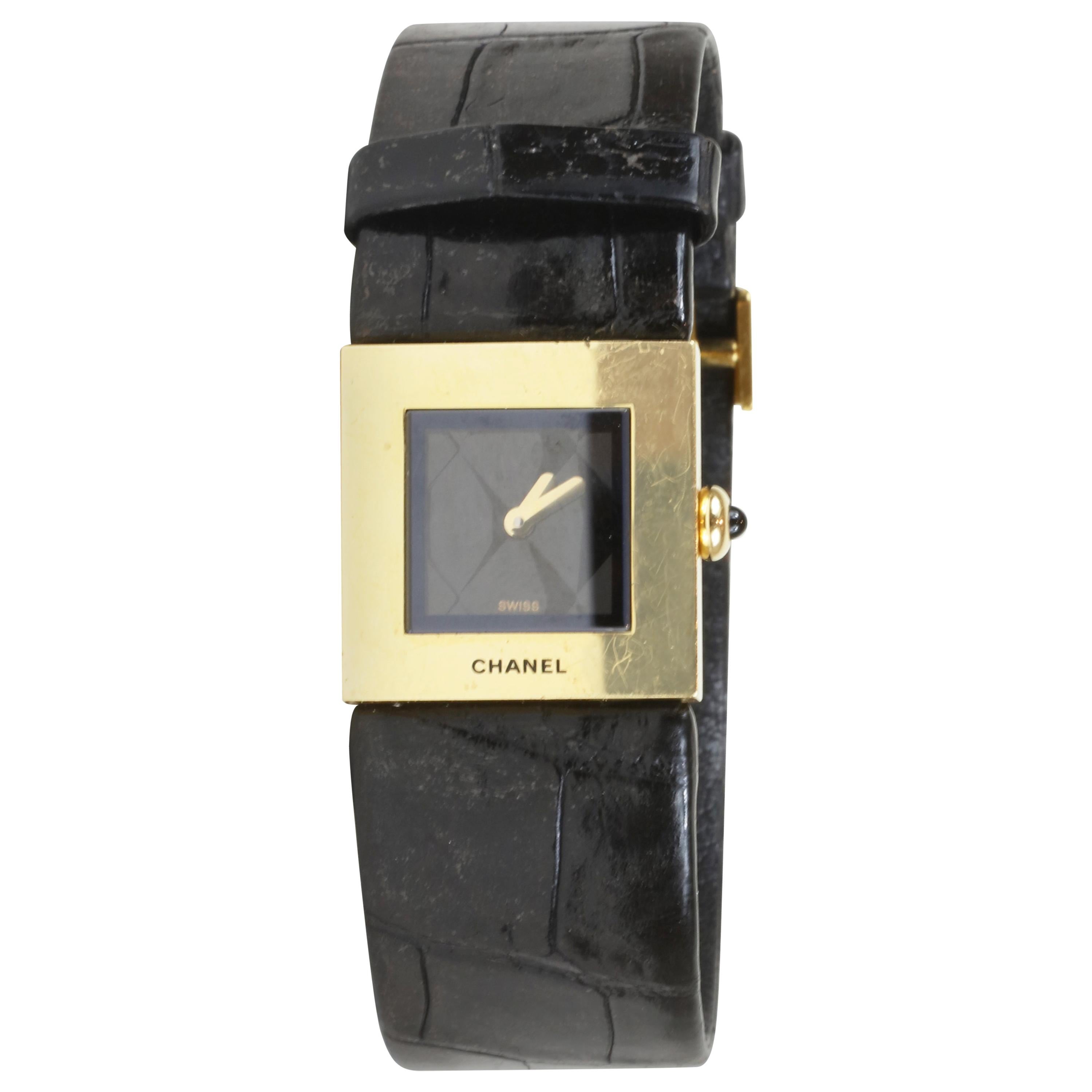 Chanel 18k Gold Black Alligator Band Watch