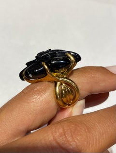 Chanel 18k Gold Camelia Black Onyx Flower Ring