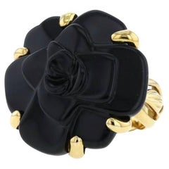 Chanel 18k Gold Camelia Black Onyx Flower Ring