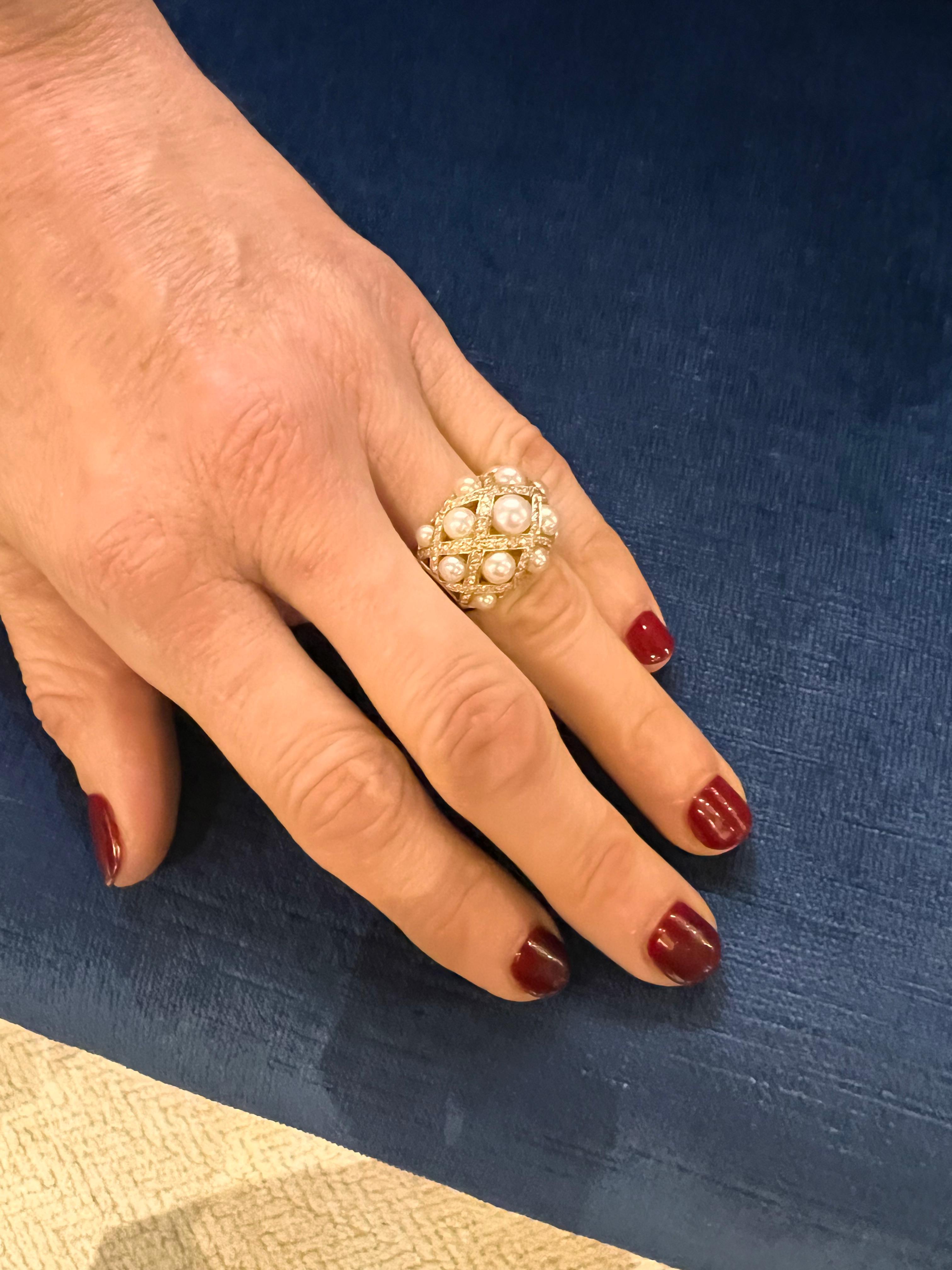 Brilliant Cut Chanel 18k Gold Diamond Pearl Matelassé Ring
