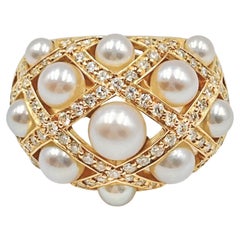 Chanel 18k Gold Diamond Pearl Matelassé Ring