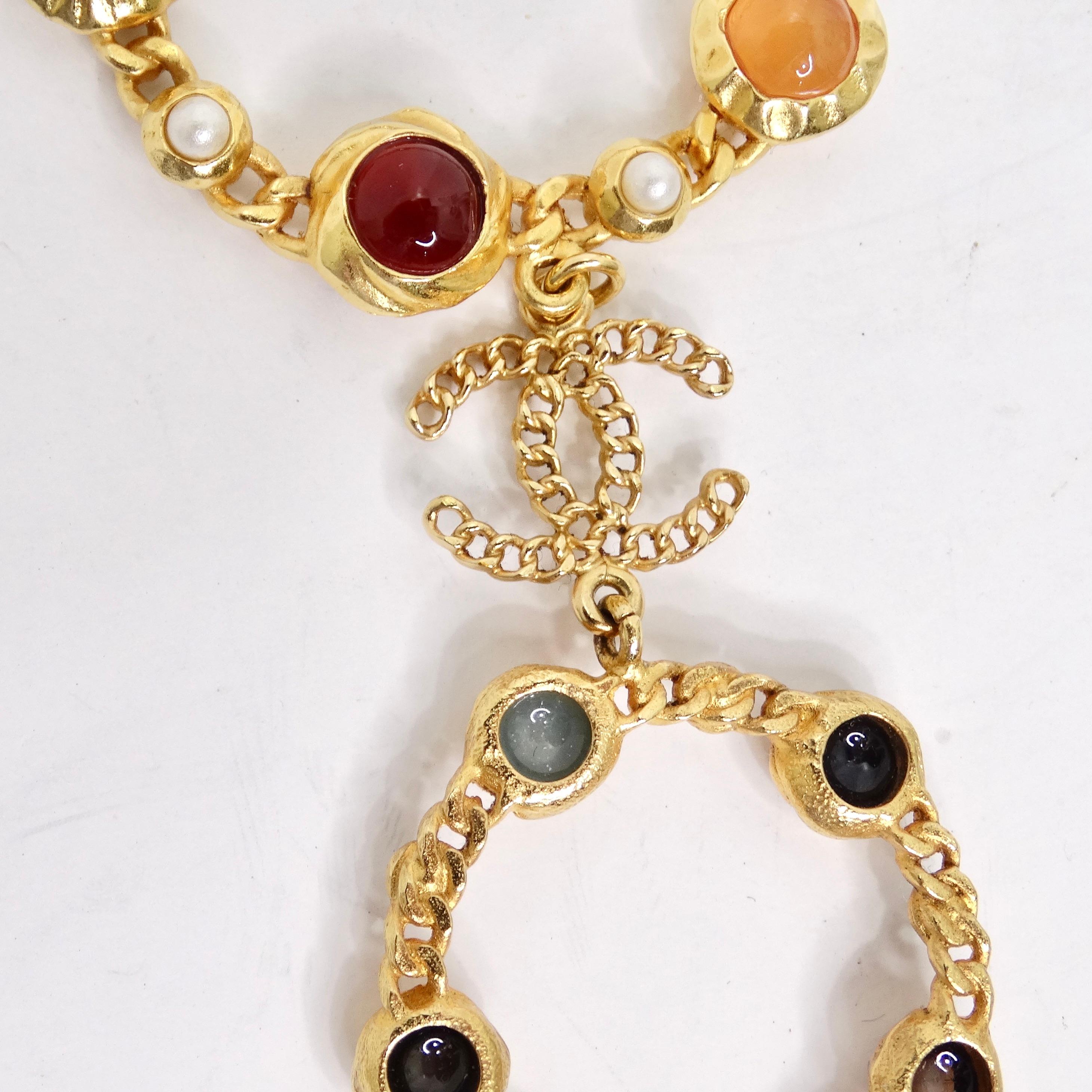 Chanel 18K Gold Plated Logo Multi Gemstone Lariat Necklace For Sale 7