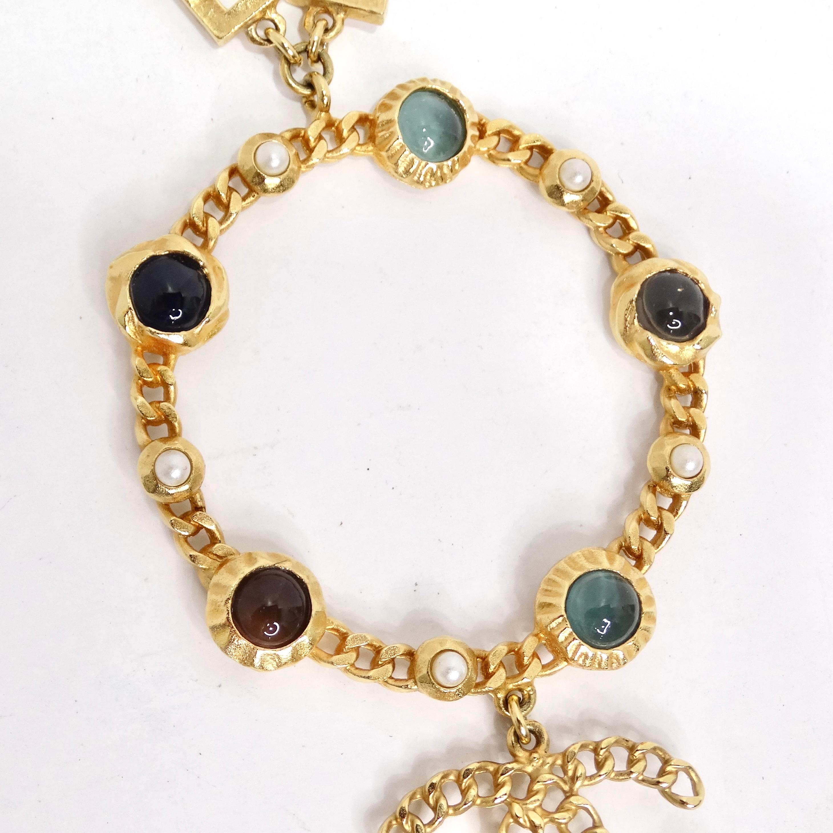 Chanel 18K Gold Plated Logo Multi Gemstone Lariat Necklace For Sale 9