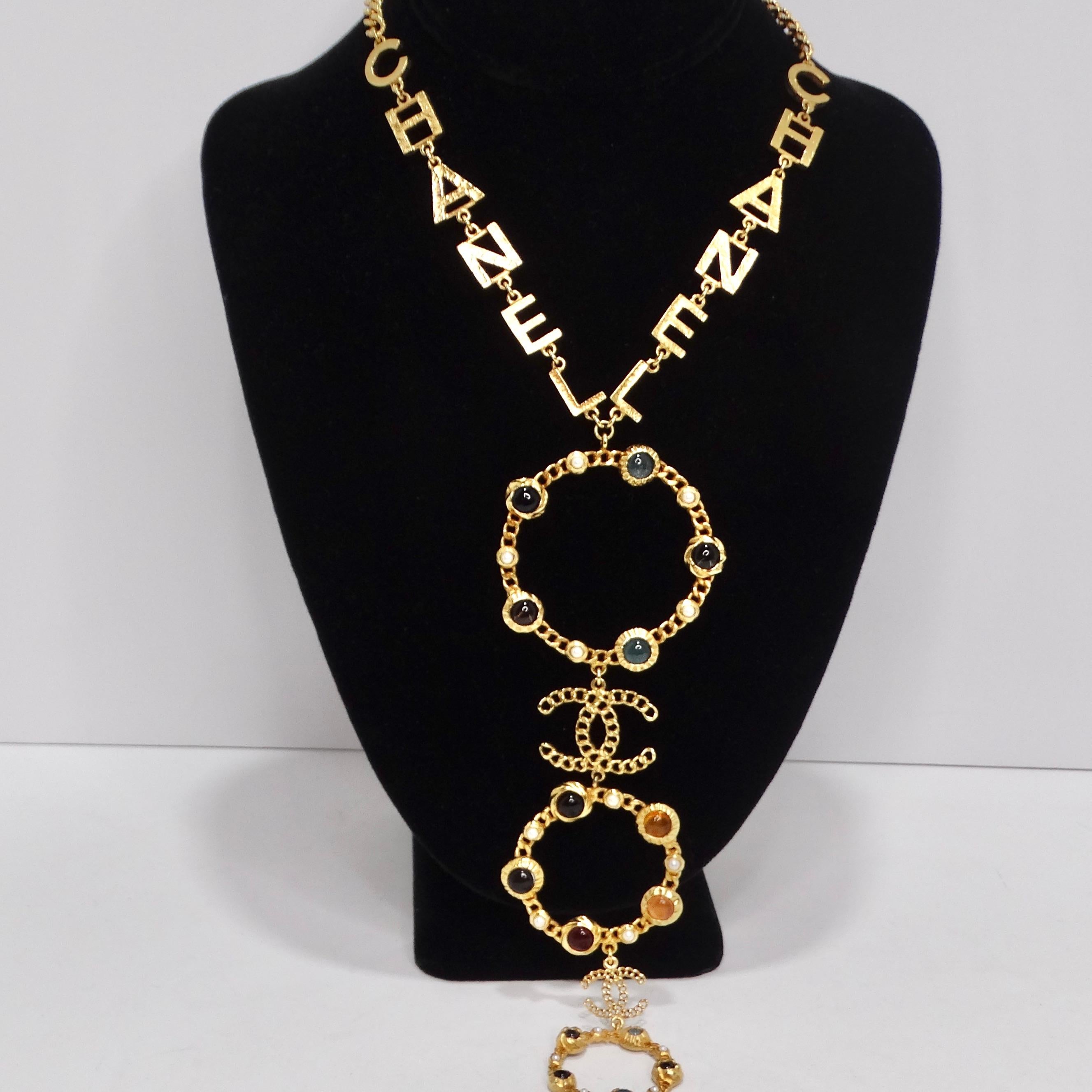 Chanel 18K Gold Plated Logo Multi Gemstone Lariat Necklace In Excellent Condition For Sale In Scottsdale, AZ