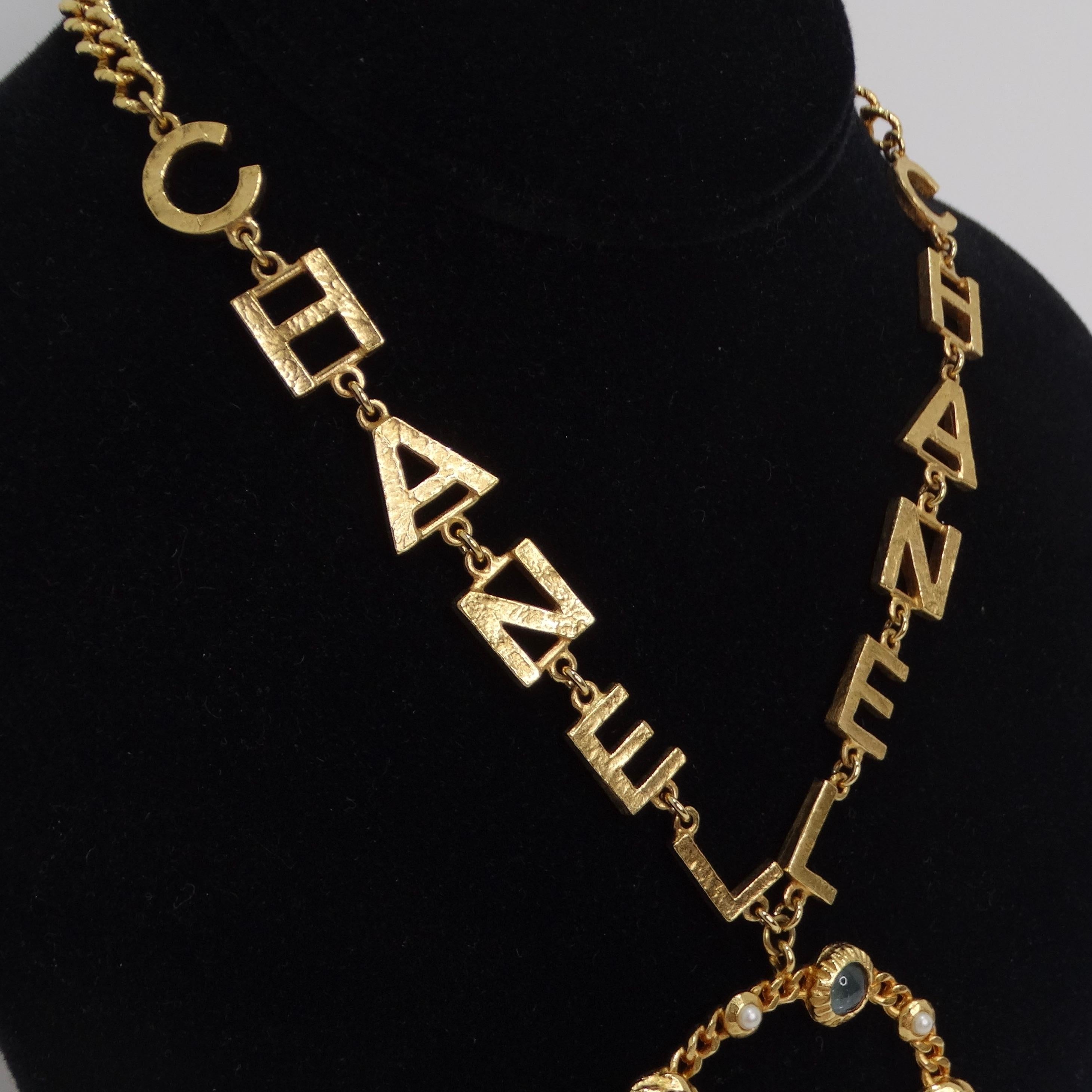 Chanel 18K Gold Plated Logo Multi Gemstone Lariat Necklace For Sale 1