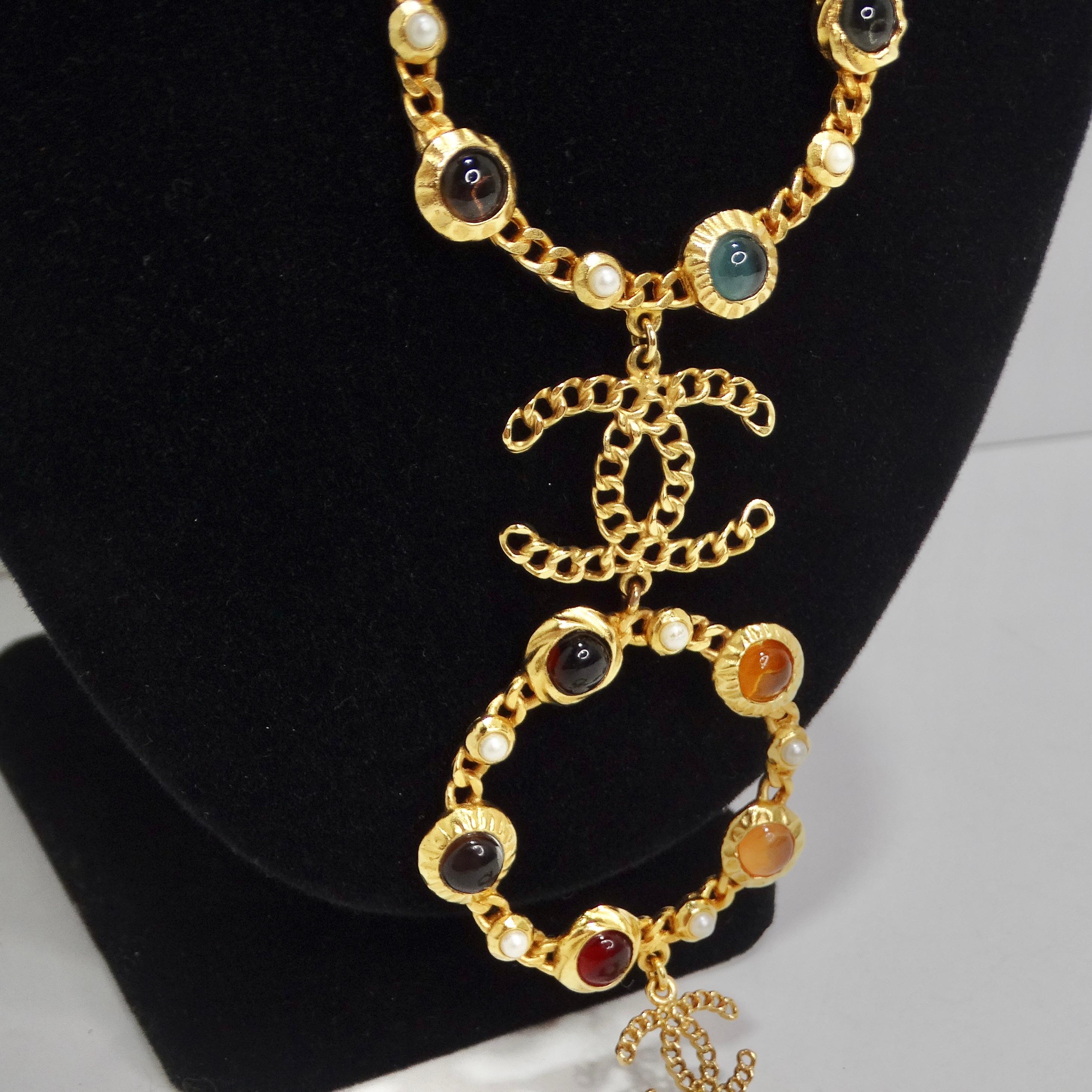 Chanel 18K Gold Plated Logo Multi Gemstone Lariat Necklace For Sale 2
