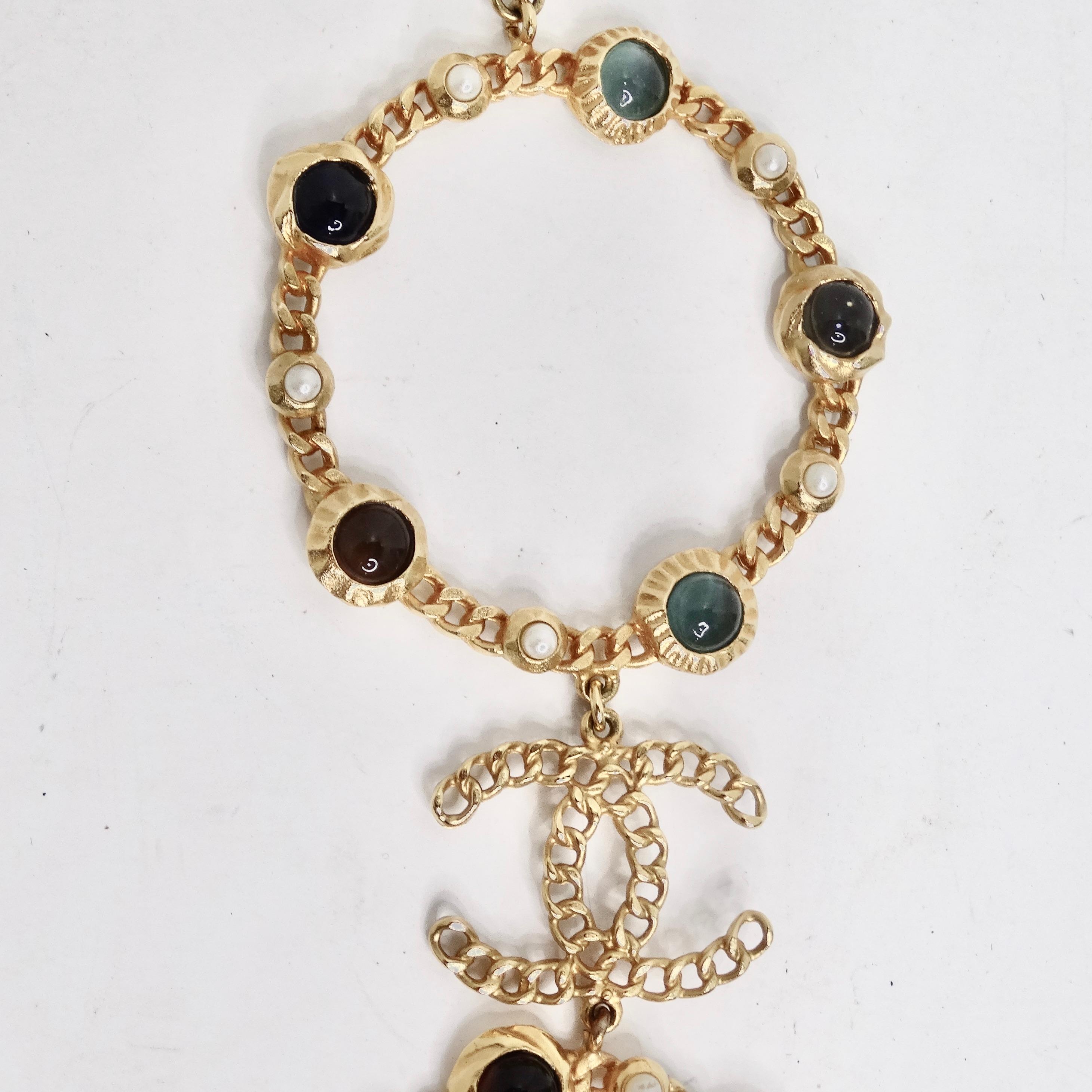 Chanel 18K Gold Plated Logo Multi Gemstone Lariat Necklace For Sale 5