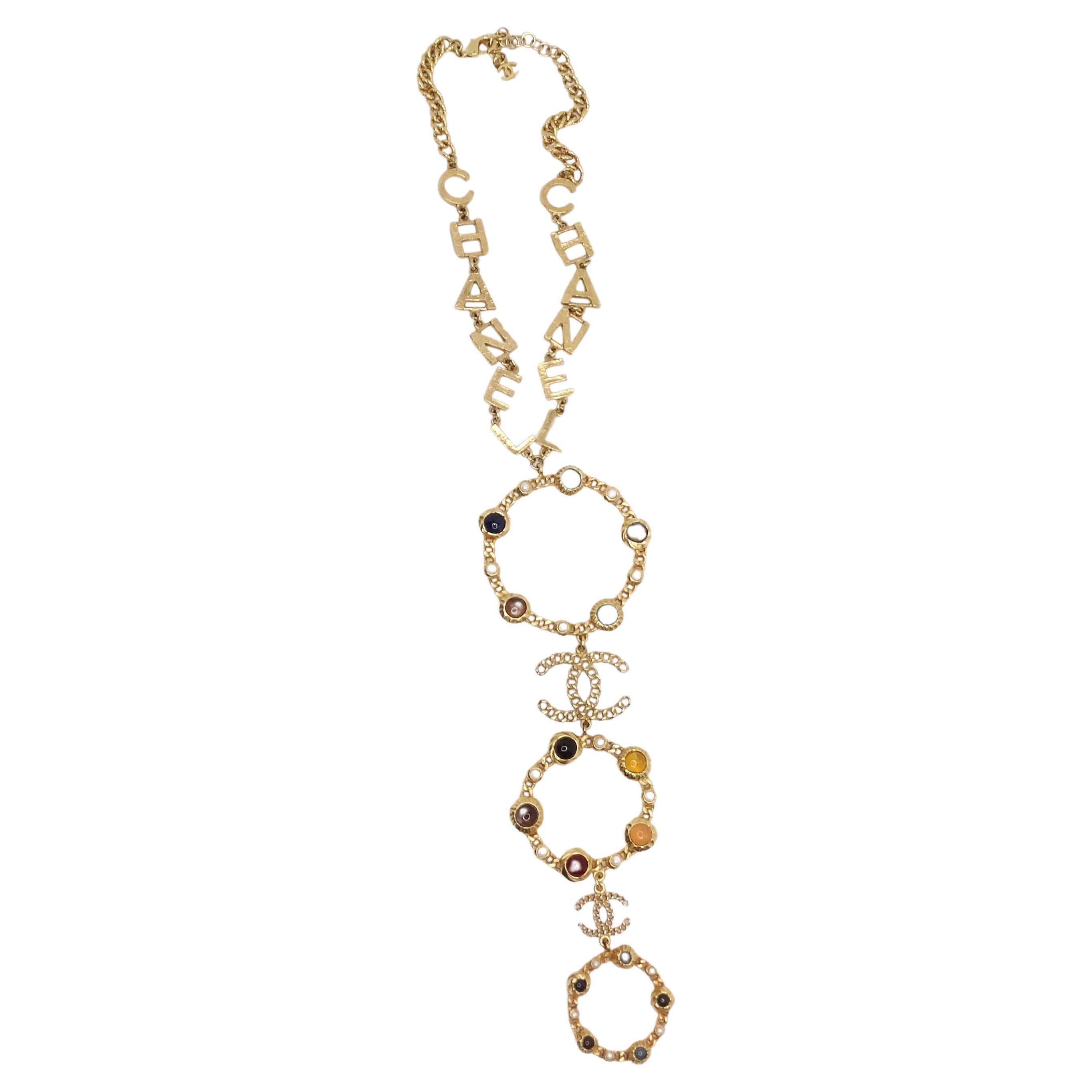 Chanel 18K Gold Plated Logo Multi Gemstone Lariat Necklace For Sale