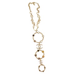 Chanel 18K Gold Plated Logo Multi Gemstone Lariat Necklace