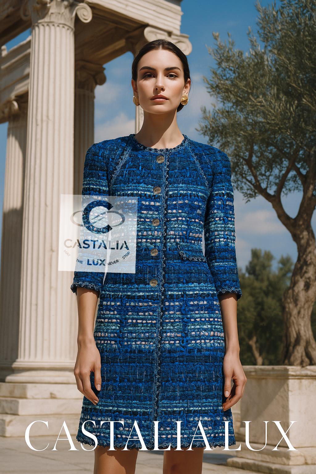 ~ Un véritable artefact de collection pour les connaisseurs de l'histoire de Chanel, de la beauté ancienne et du glamour intellectuel.

Chanel - Veste en tweed avec rubans bleus et boutons hibou Gripoix en bijou
u2028Paris / GREECE Collection Cruise
