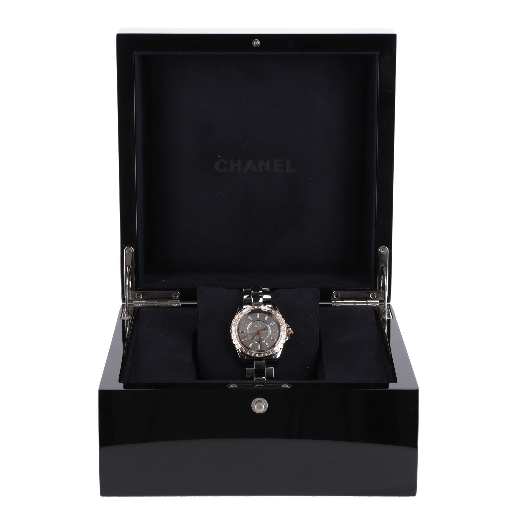 Women's Chanel 18k Rose Gold, Ceramic & Baguette Diamond J12 Automatic Watch For Sale