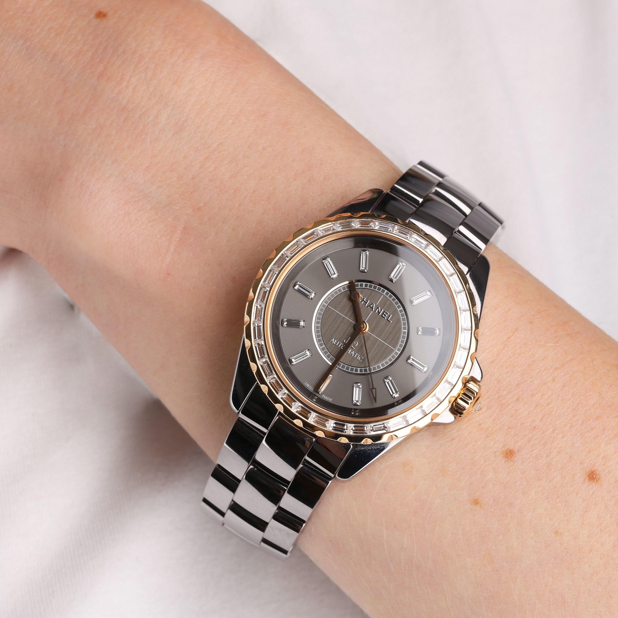 Chanel 18k Rose Gold, Ceramic & Baguette Diamond J12 Automatic Watch For Sale 1