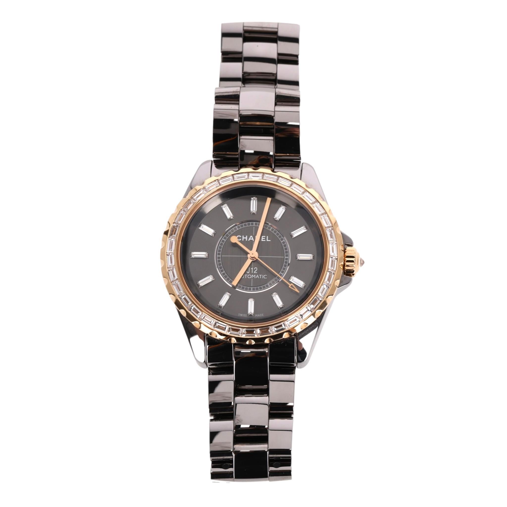 Chanel 18k Rose Gold, Ceramic & Baguette Diamond J12 Automatic Watch For Sale 2